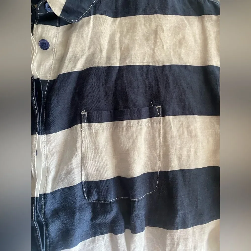 Burberry Brit Shirt Dress Womens  Plaid  White Navy  Sz 4  Linen Pockets